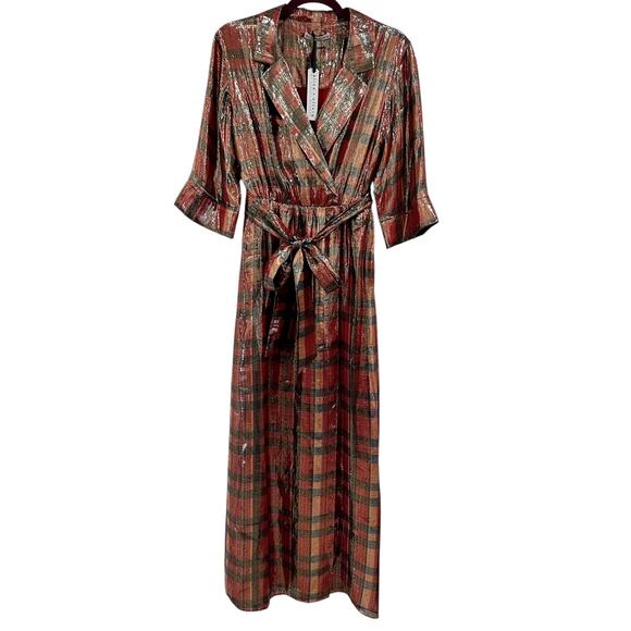 NWT Alice + Olivia Chap Dress Plaid Wrap Metallic Red Tie Waist
Midi Silk Dress - Picture 2 of 10